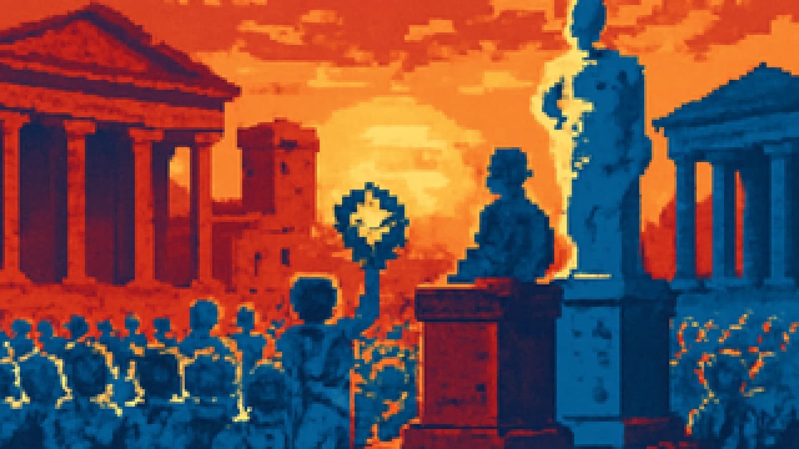 Pixel-art Roman forum with a crowd raising a laurel wreath beside a half-carved statue on a plinth.