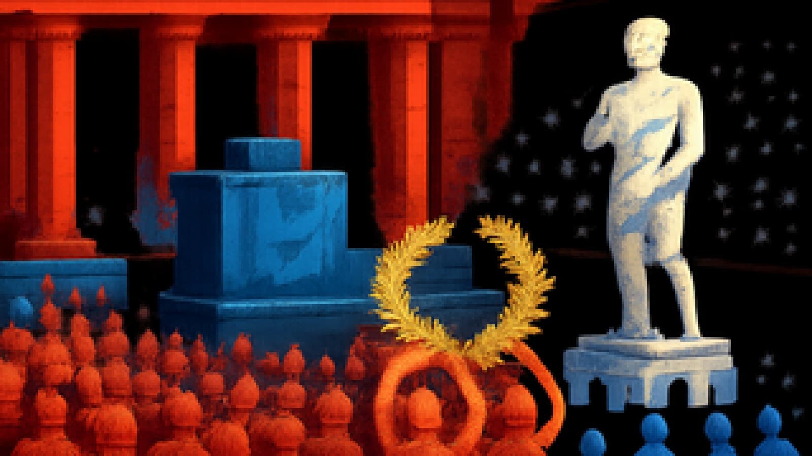 Pixel-art debating hall with a crowd raising a golden laurel wreath toward a blue-draped podium beside an unfinished statue.