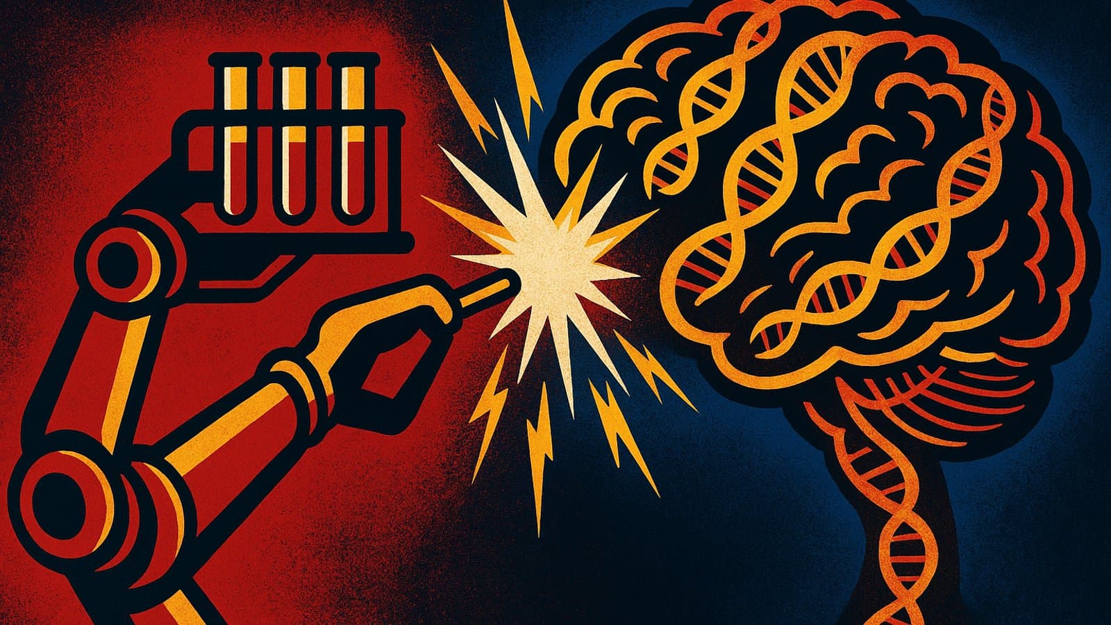 A robotic lab arm faces off against a glowing AI brain made of DNA strands in a futuristic laboratory.