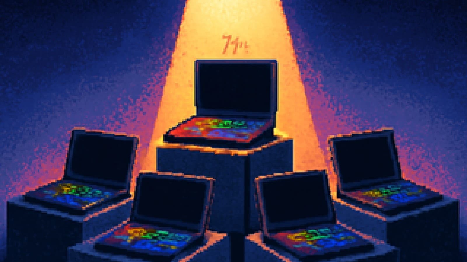 Pixel art of five unbranded gaming laptops on a podium, with the winner in the centre under a spotlight.