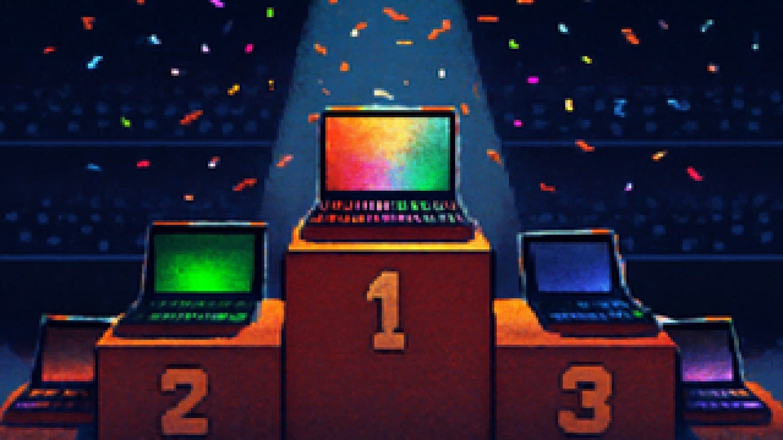 Pixel art of a winning gaming laptop on top of a podium with four rival laptops below it, glowing in RGB light.