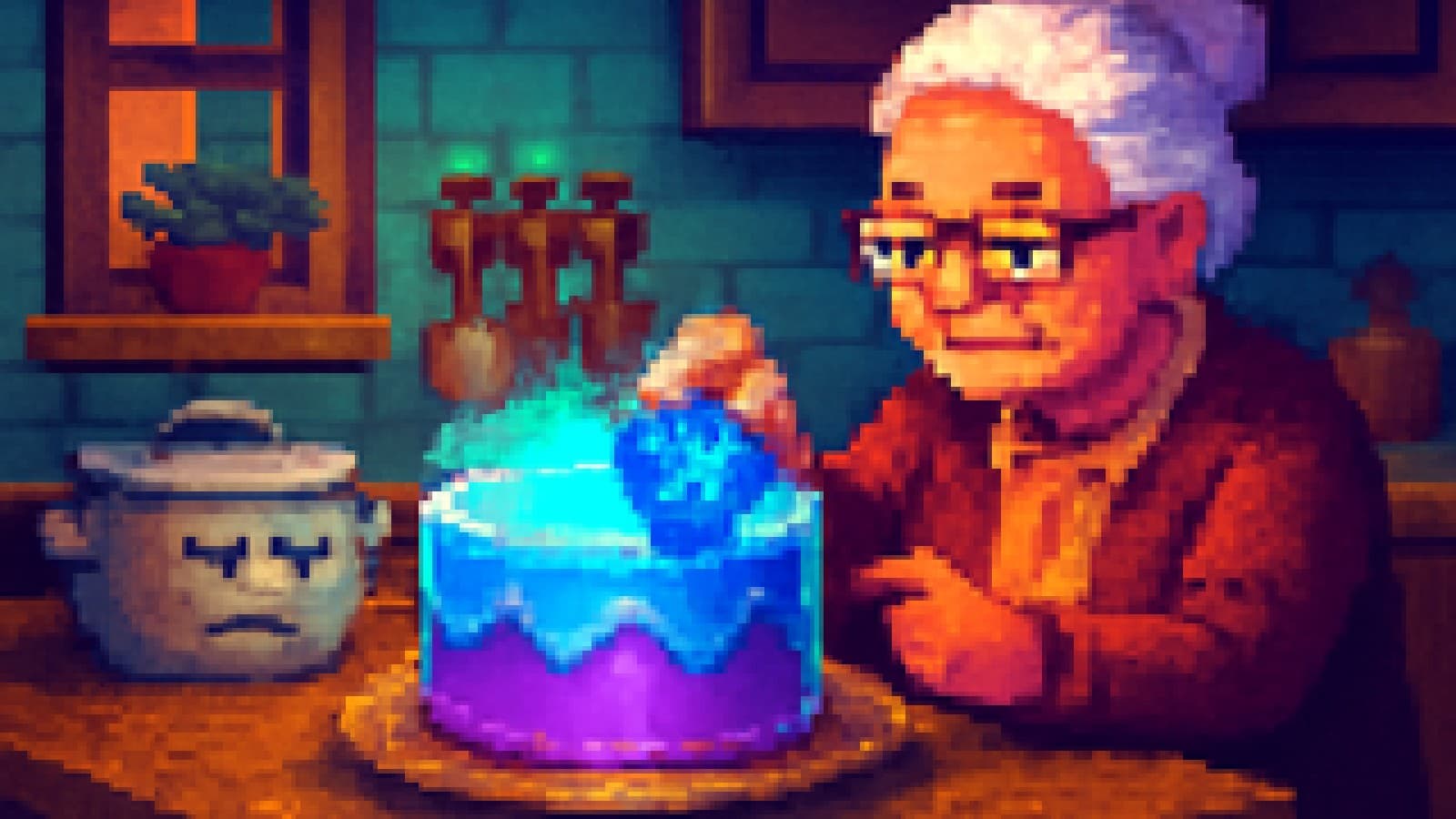 Pixel-art grandmother awarding a blue ribbon to a glowing cake as other dishes look on