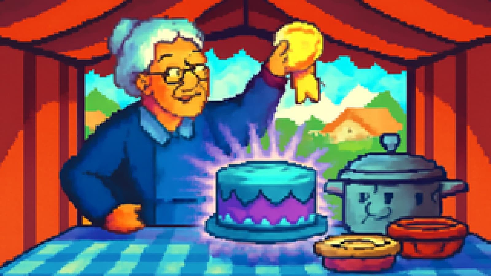 Pixel-art grandmother crowning a glowing cake at a bake-off while rival dishes look on