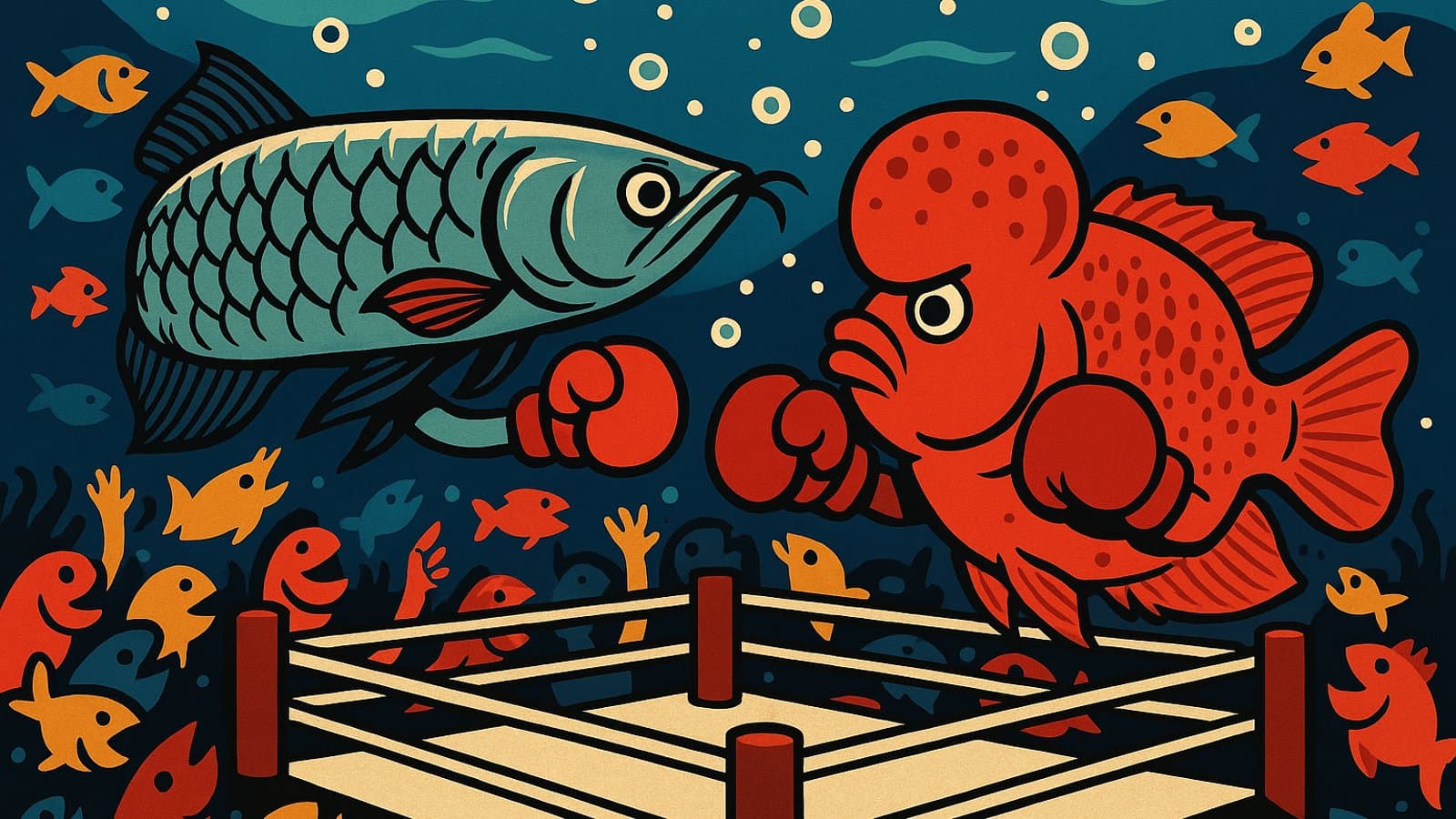 Cartoon of an arowana and a flowerhorn fish facing off in an underwater boxing ring while other fish cheer.