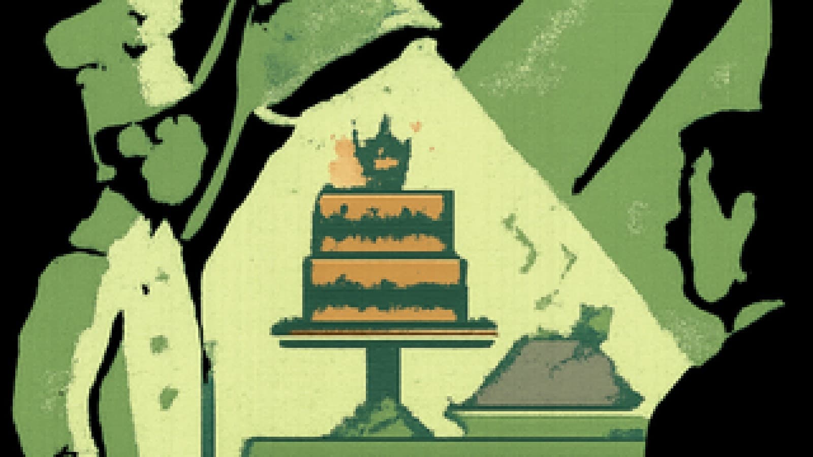 Pixel-art cooking show stage with a crowned pink and black cake revealed under a cloche and a purple roast behind it.
