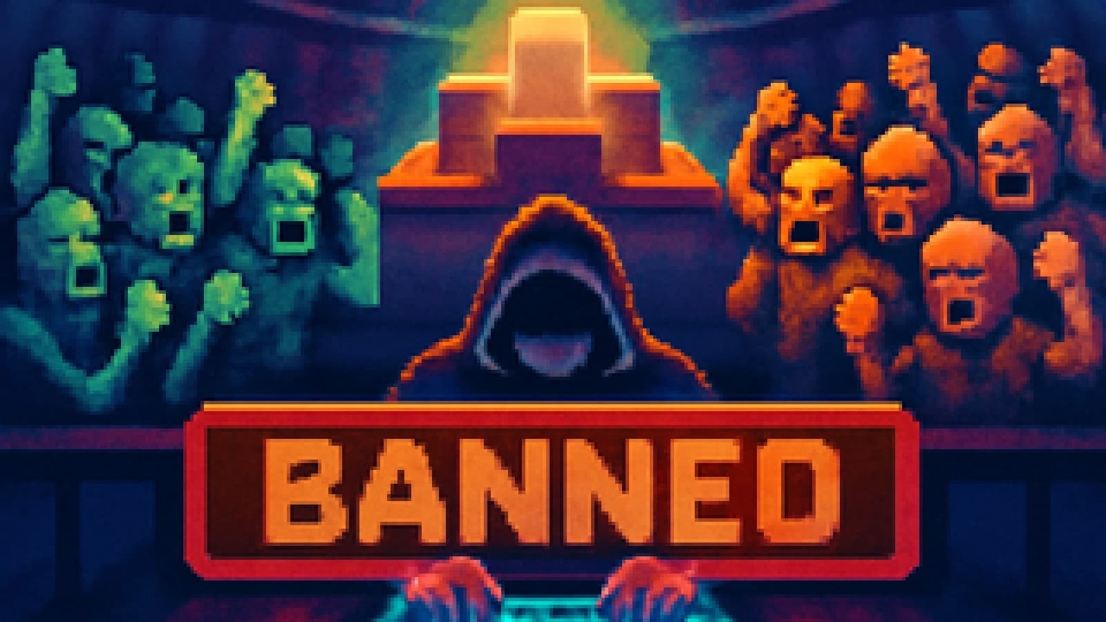 Pixel-art coder behind a red ban barrier in front of a glowing podium, with two rival crowds on either side.