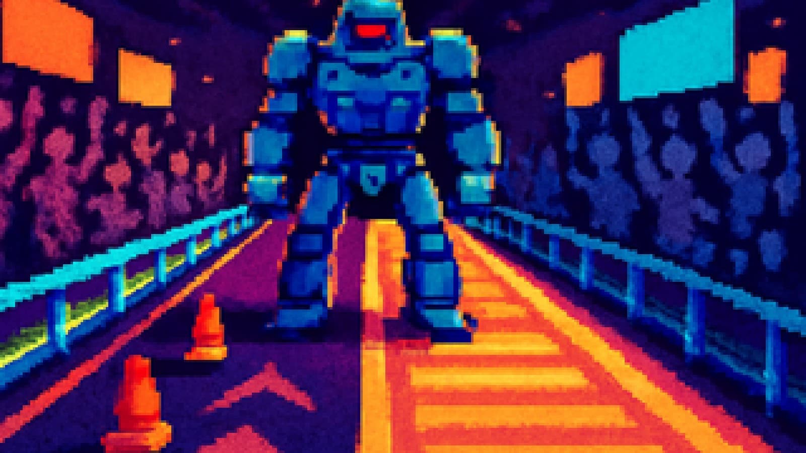 Pixel-art robot racer on a split neon track, safety barriers on one side and a turbo boost lane on the other, with two crowds cheering.