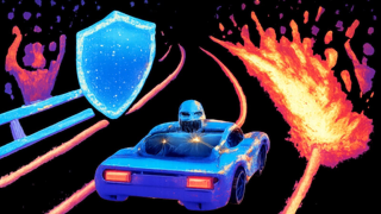 Pixel-art AI robot car at a fork between a guarded safety road and a blazing turbo lane, with crowds cheering on both sides.