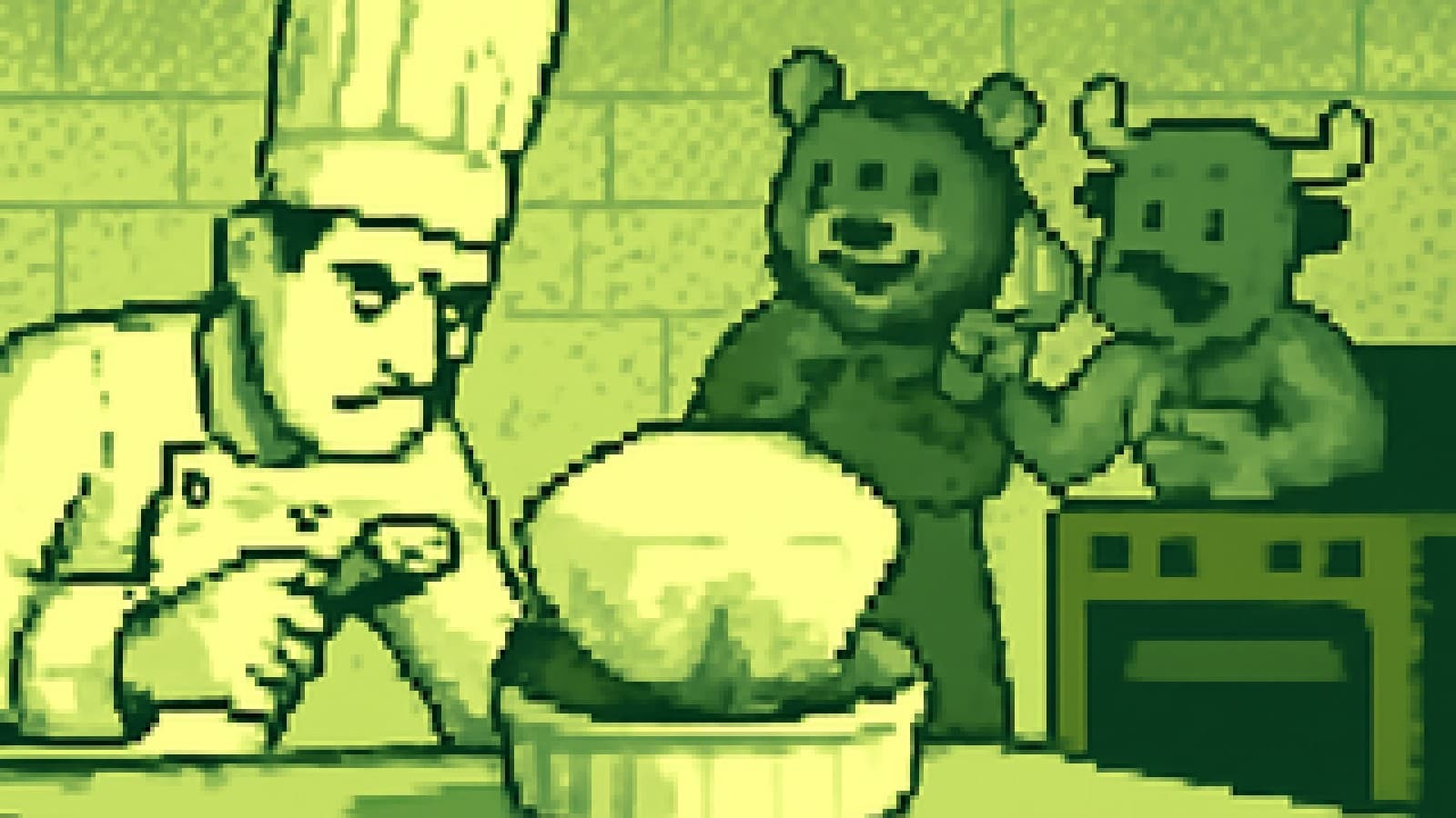 Pixel-art cooking show judge tasting a sagging diamond-shaped soufflé while a bear cook grins and a bull cook fans the oven