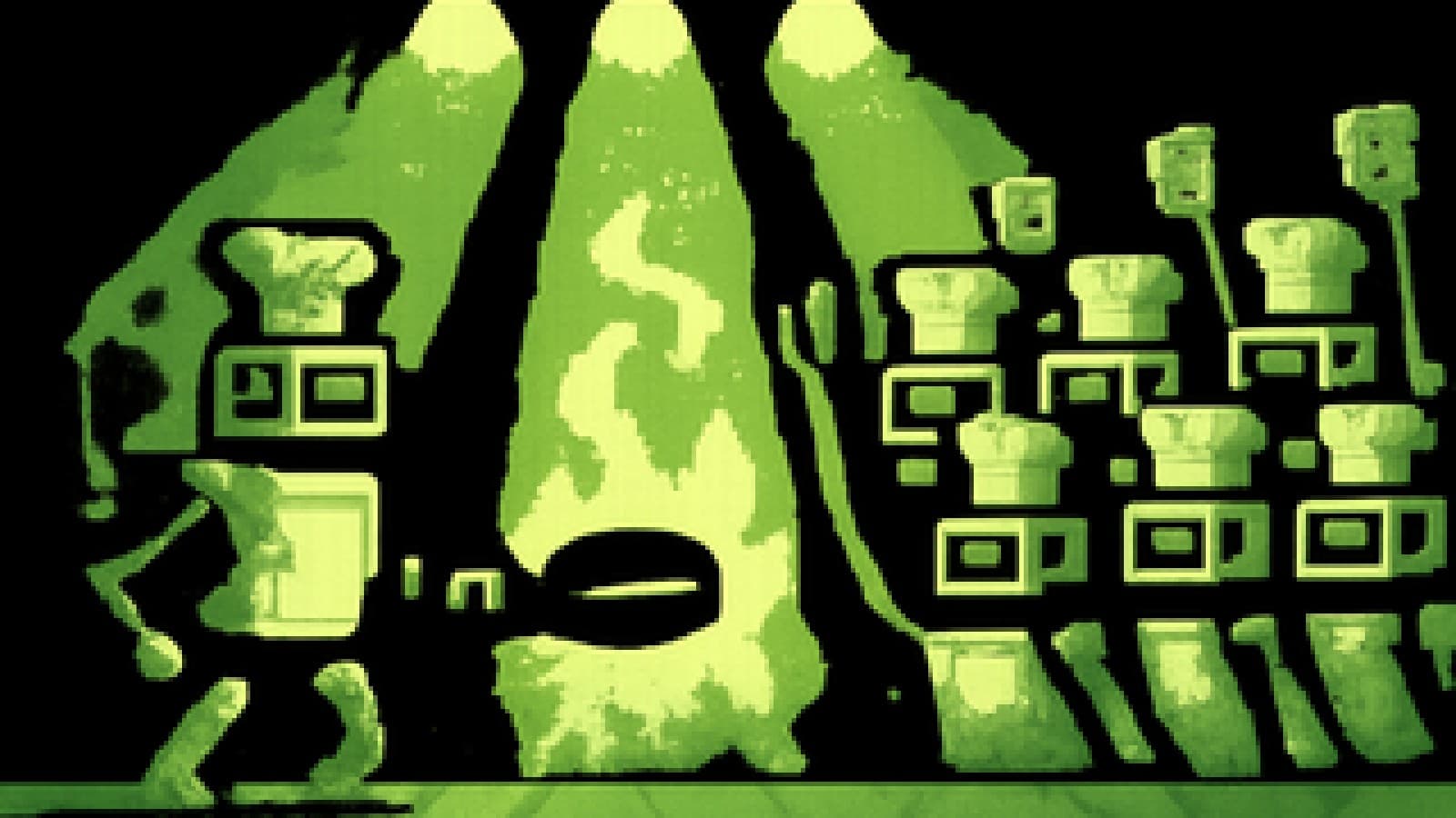 A single pixel-art robot chef squares off against a crowd of robot chefs in a cooking-competition arena.