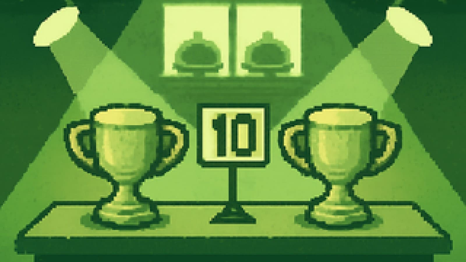 Pixel-art kitchen stage with two identical golden trophy cakes tied on a judging table and two vintage serving domes cooling on a windowsill behind them.