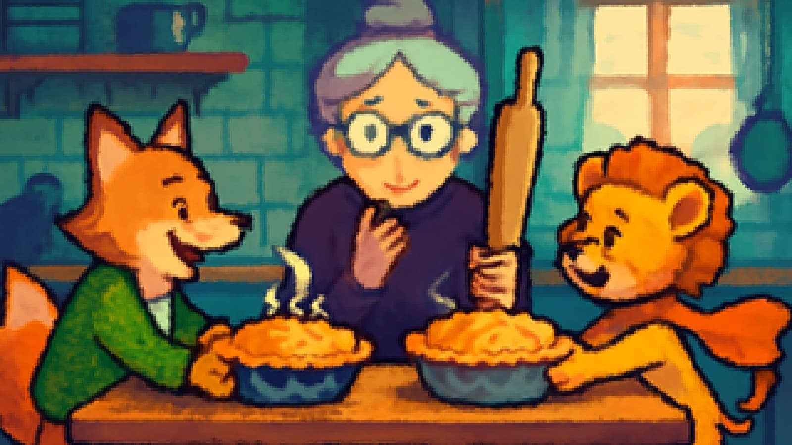 Pixel-art fox in a cardigan and lion cub in a cape offering pies to a grandmother at a kitchen table.