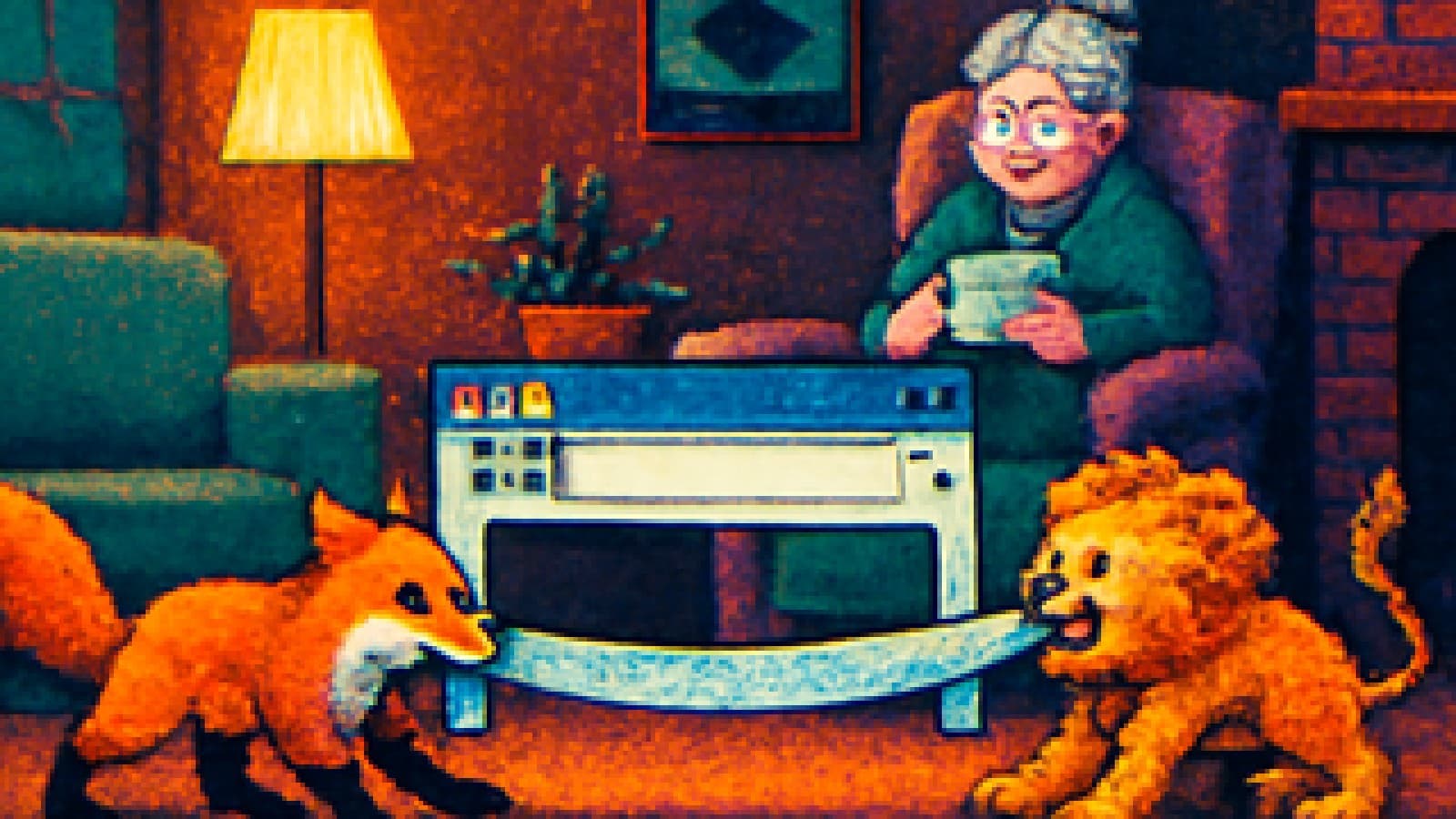 Pixel-art fox and lion cub tugging a knitted scarf as a grandmother watches with tea.