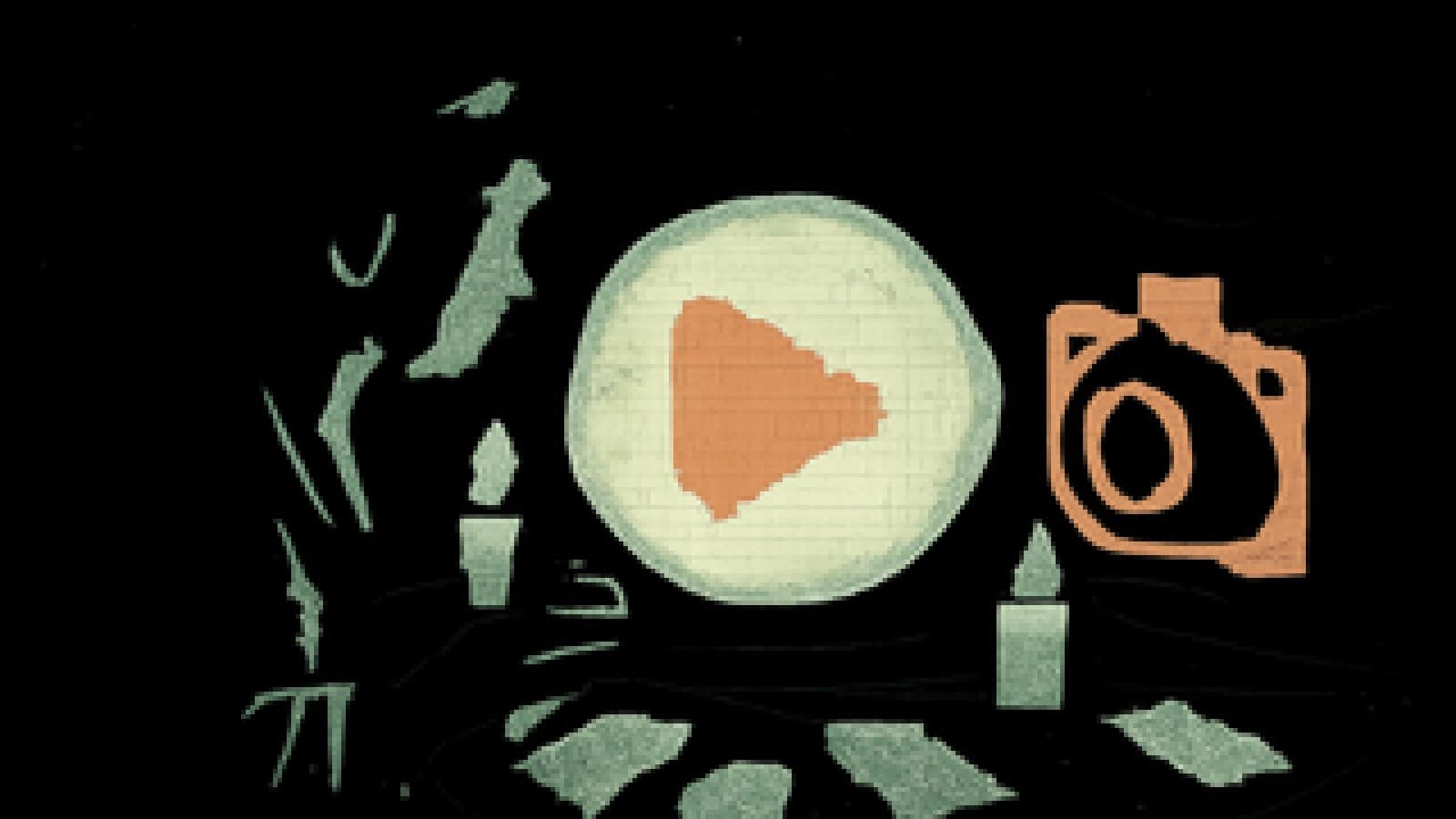 A pixel-art crystal ball on a fortune teller's table showing a play-button shape and a camera shape facing off.