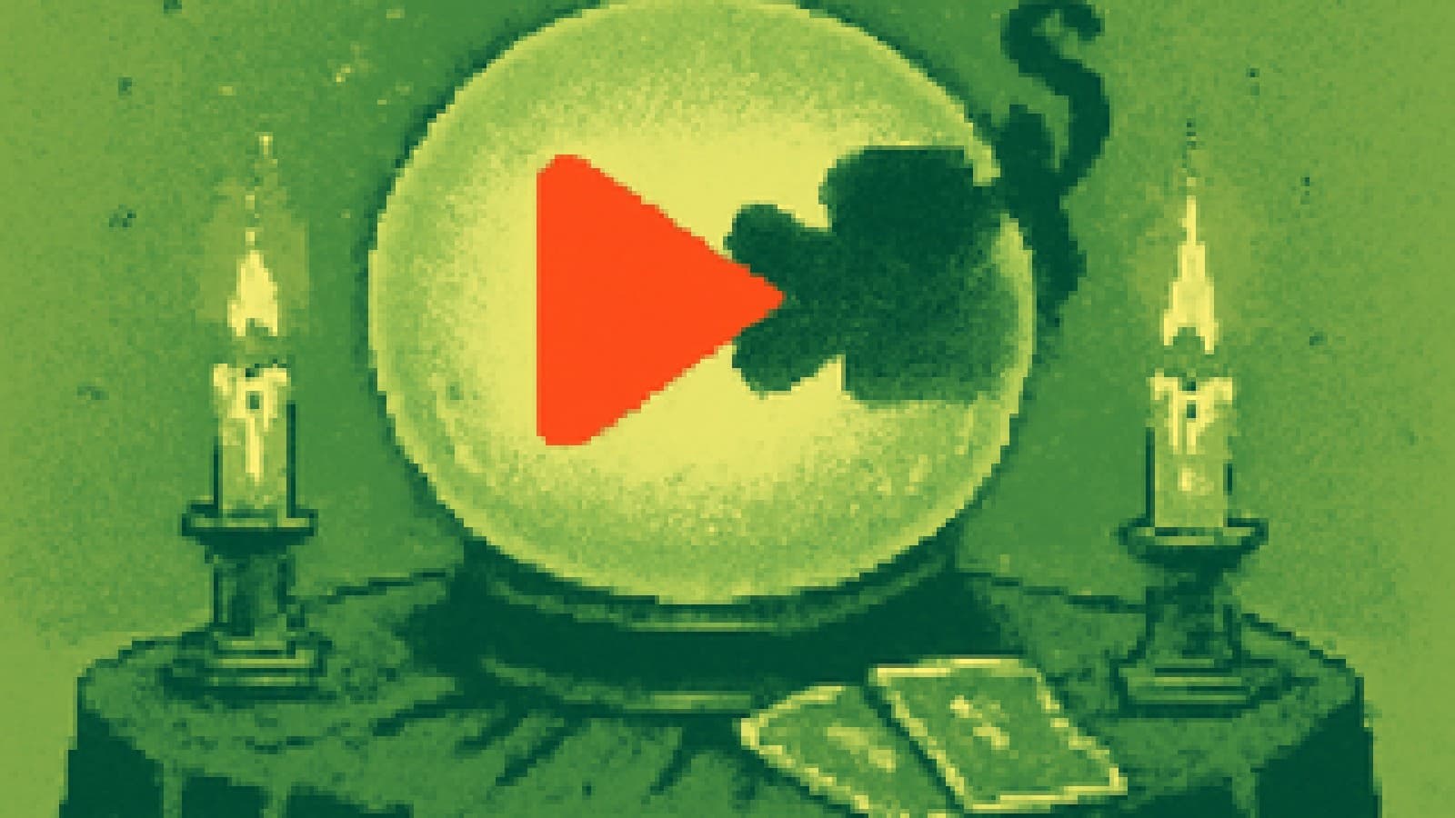 Pixel-art crystal ball showing a play-button shape and a camera shape duelling, surrounded by tarot cards and candles.