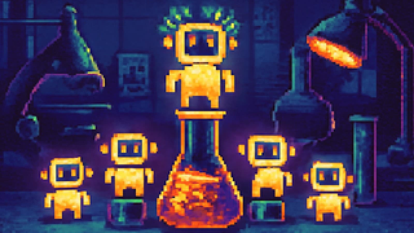 Illustrated lab-bench podium with five small robot trophies, one crowned as the winner