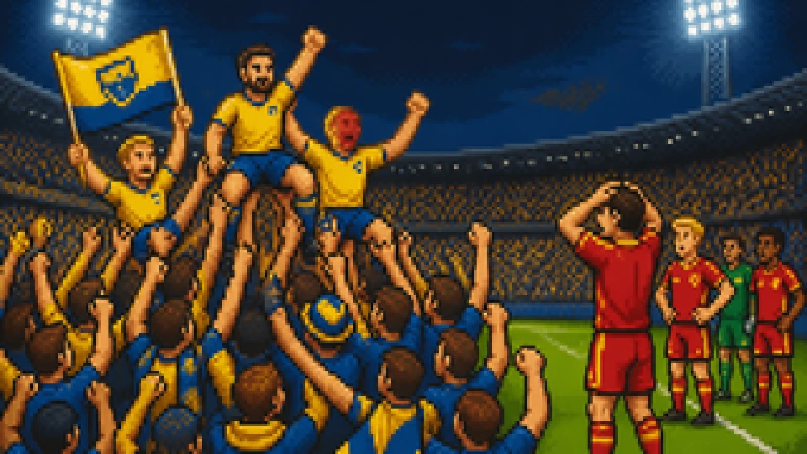 Illustration of a stadium crowd carrying an underdog football team on its shoulders while a rival team looks on