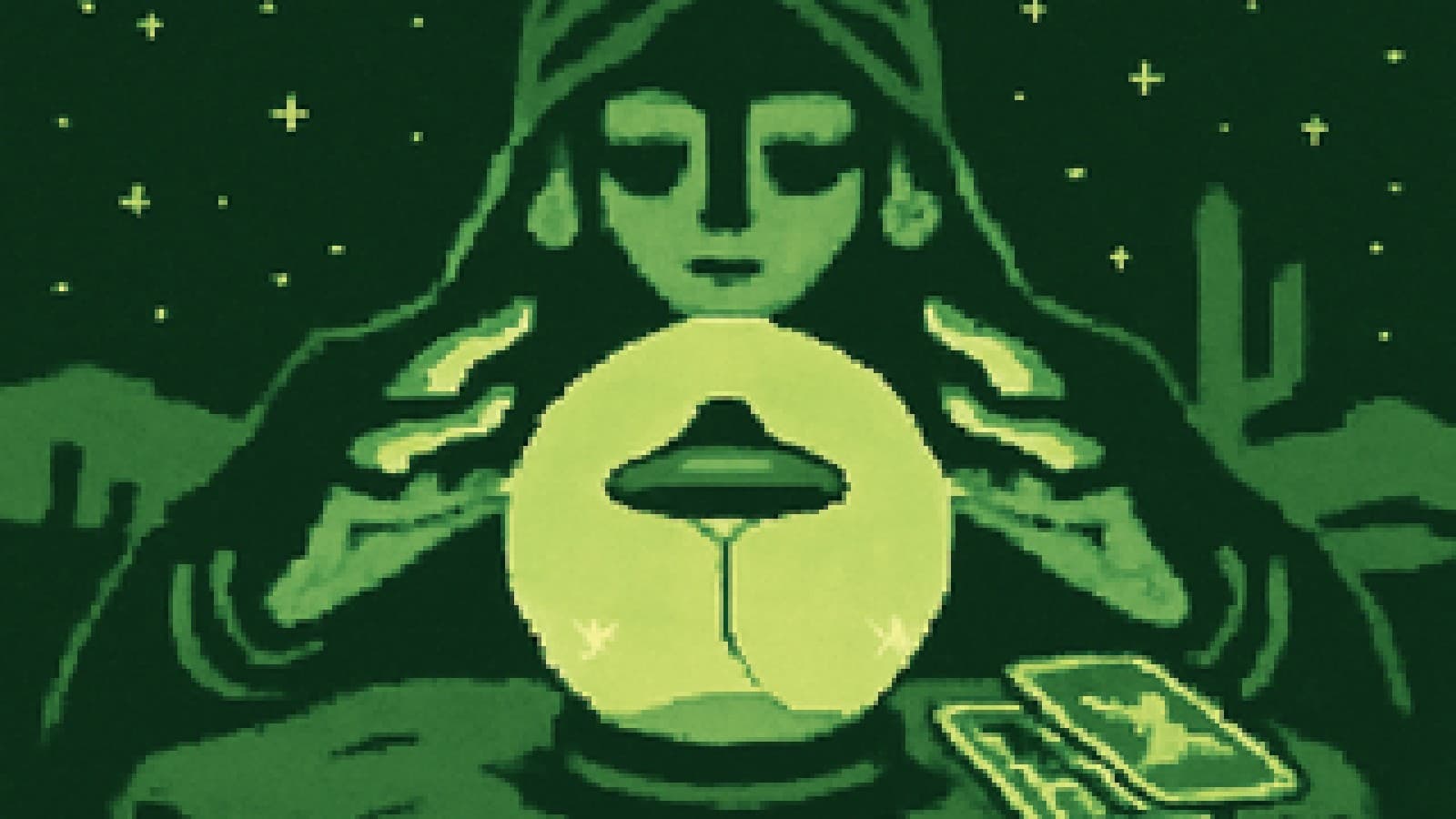 Pixel-art crystal ball in which a UFO is revealed to be a weather balloon