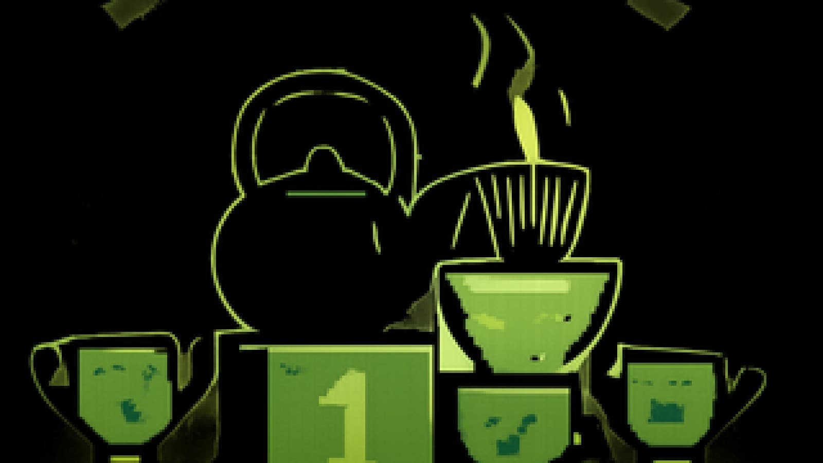Pixel-art teapots and cups competing on a cooking-show stage, a dark teapot on the podium