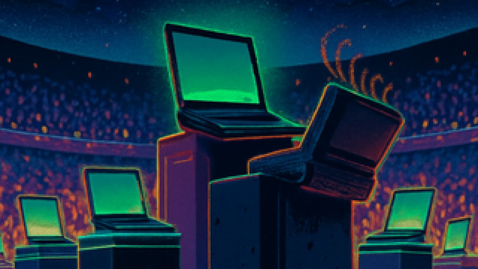 Pixel-art arena with five gaming laptops on podiums, a sleek black one on top and a bulky one climbing up beside it.