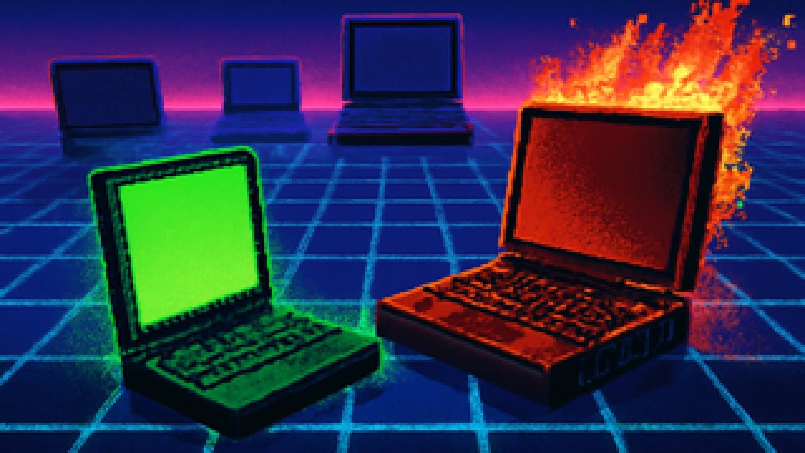 Pixel-art face-off between a slim black gaming laptop and a bulky high-performance laptop in a neon arena.