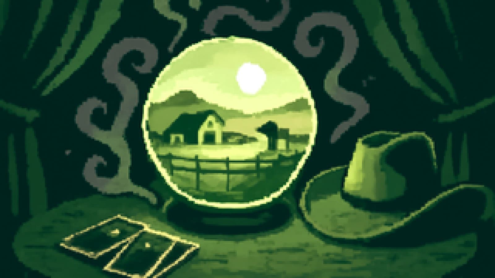 Crystal ball on a saloon table showing a glowing ranch at sunset surrounded by tarot cards and mist