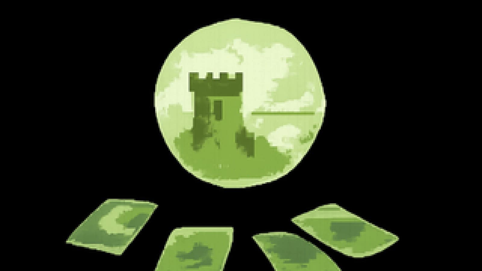 A pixel-art crystal ball showing a stone fortress in front, with a dove and an unfinished bridge fading behind it, surrounded by tarot cards.