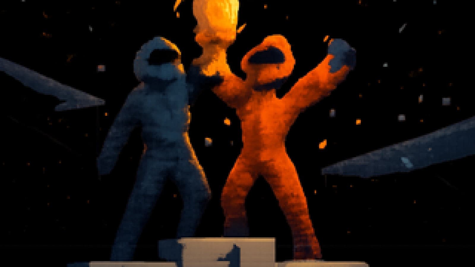 Pixel-art podium with two F1 drivers in blue and red overalls holding one golden trophy together