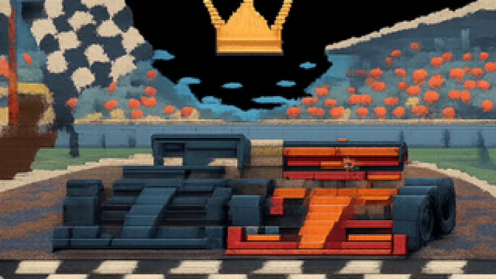 Pixel-art blue and red F1 cars crossing the finish line together under one golden crown