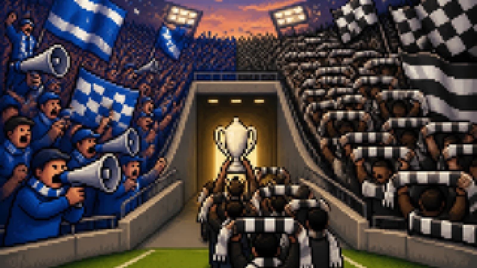 Illustration of a stadium where a loud blue stand faces a black-and-white crowd carrying a trophy silhouette toward the tunnel.