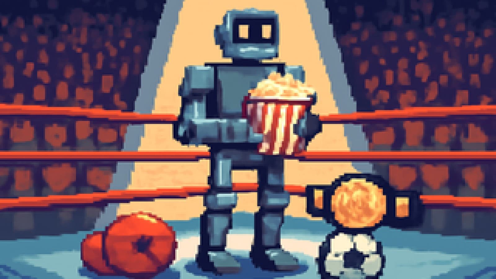 A humanoid robot in a boxing ring holding popcorn, with a boxing glove and soccer ball untouched beside it