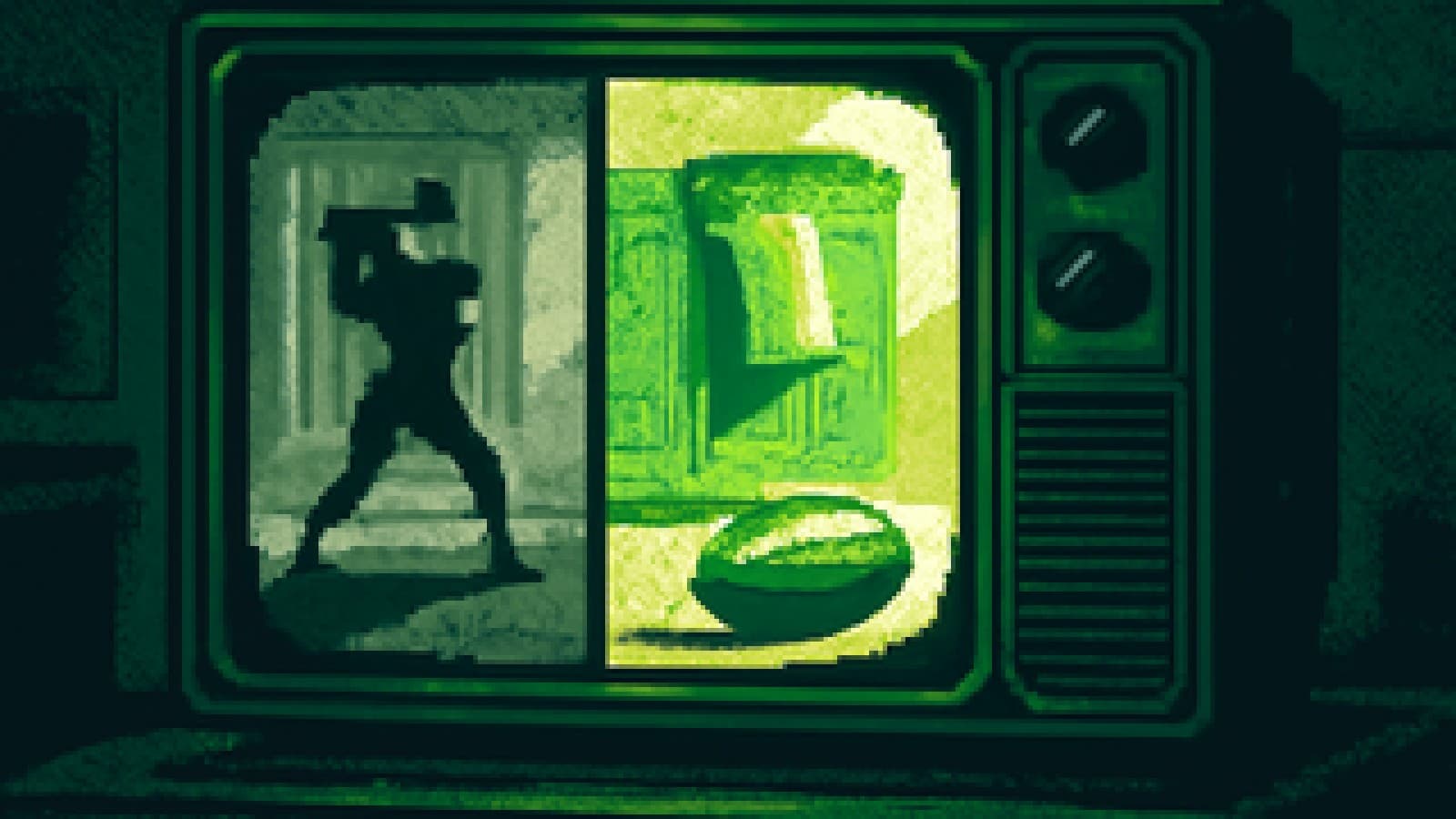 Retro TV with a split screen of two rival Super Bowl ads and a football in front