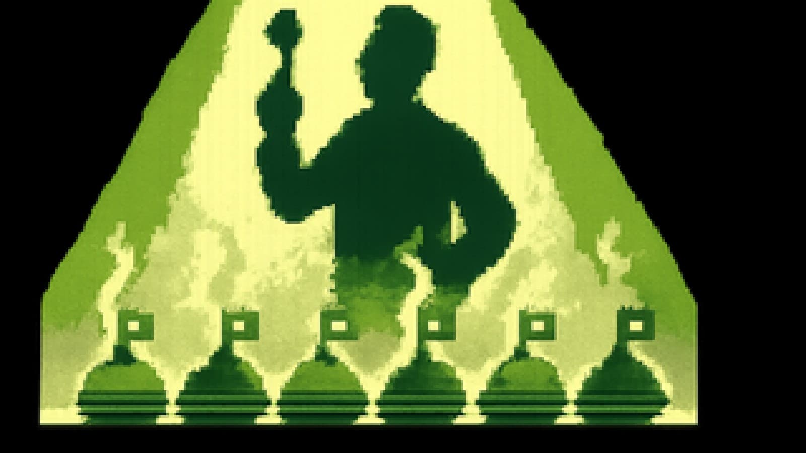 Pixel-art cooking show table with five covered dishes and a judge raising a spoon under stage lights.
