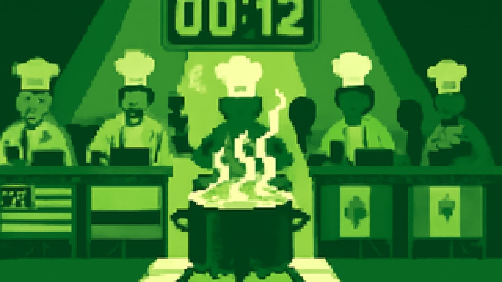 Pixel-art kitchen arena with five colourful cooking stations and a glowing stew pot in the spotlight.