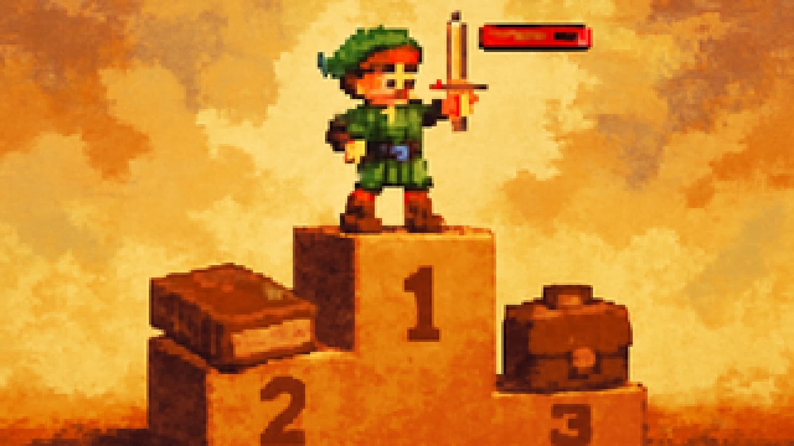 Pixel-art game hero with a low red health bar on a winner's podium, with a dictionary and a briefcase on the lower steps.