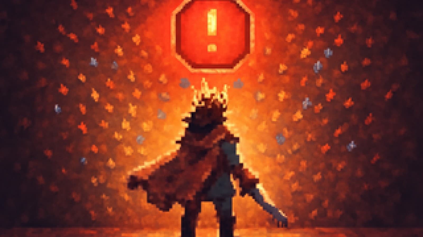 Pixel-art game hero in a crown under a red warning glow, with confetti on an awards-style stage.