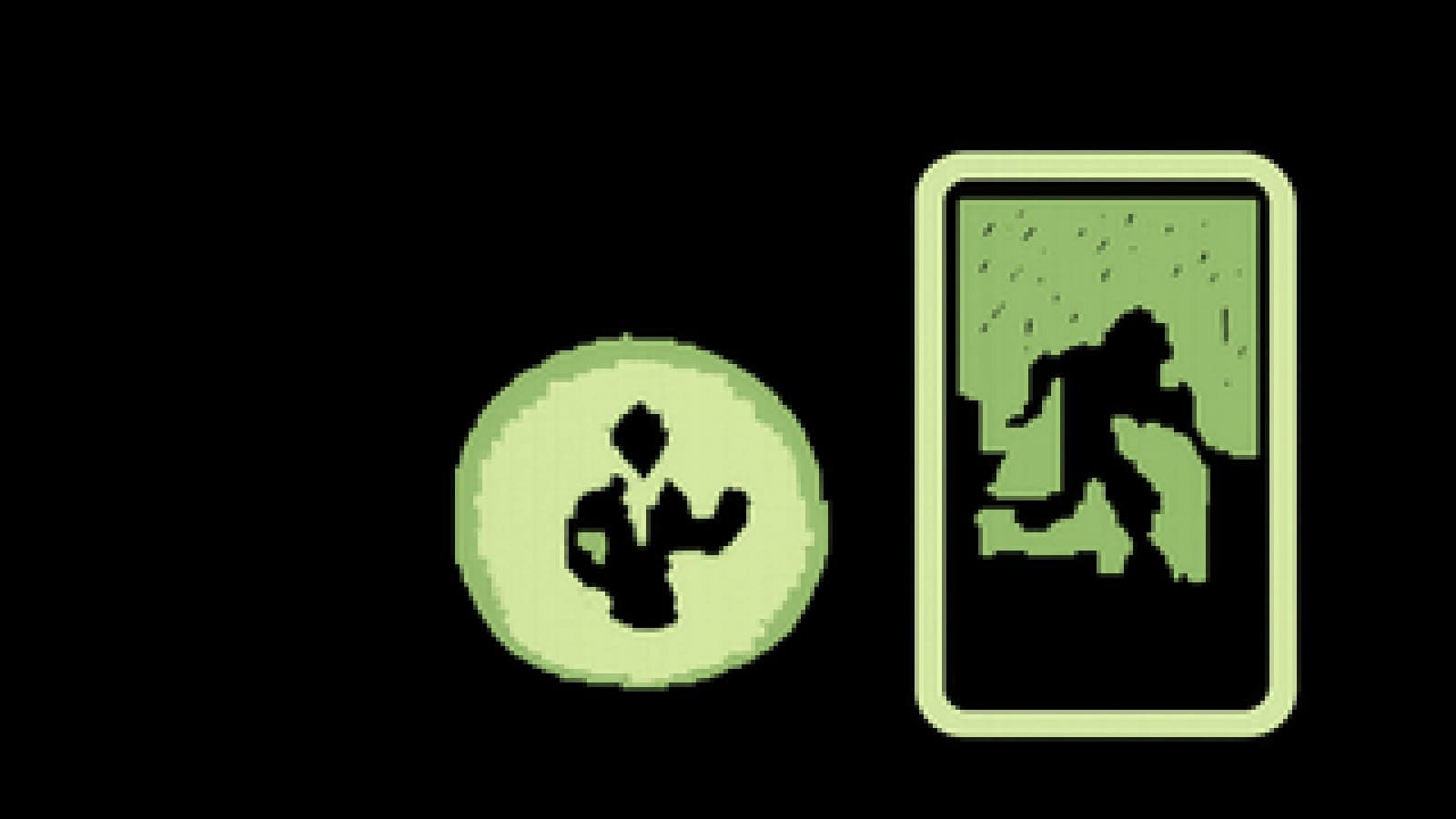 Pixel-art crystal ball showing a tuxedoed spy silhouette, with a hooded runner reflected in a tarot card beside it.