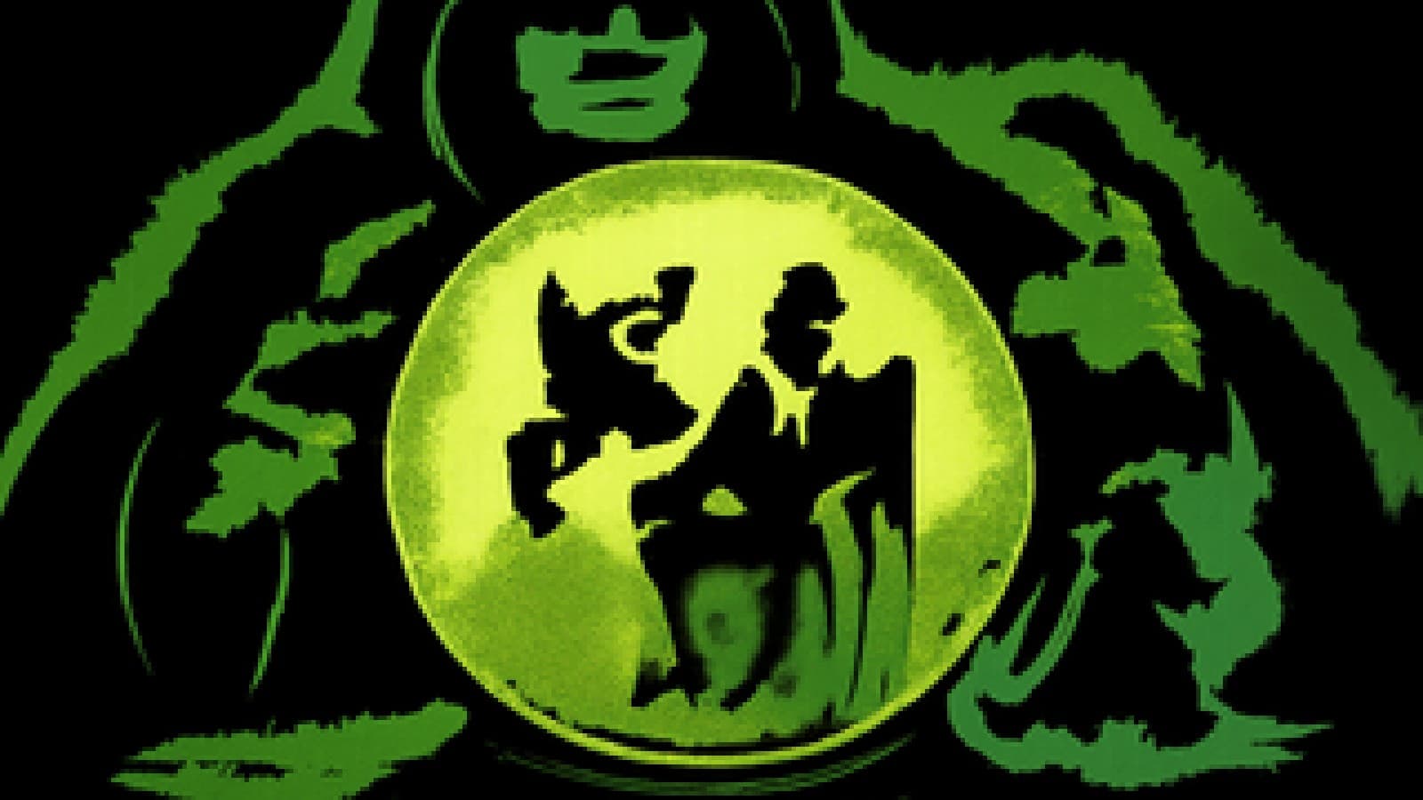 A golden crystal ball showing a tuxedoed spy crowned on a throne while a hooded rival disappears into the fog.