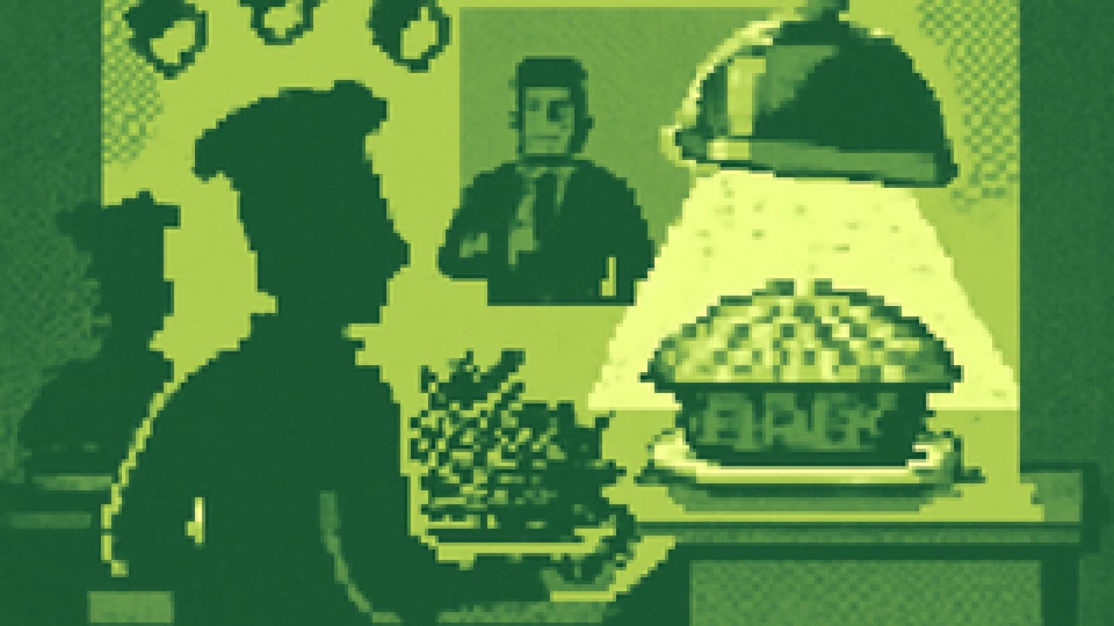 Pixel-art cooking show stage where a plain circuit-board pie is revealed as the winner while a fancy rival dish sits in shadow.