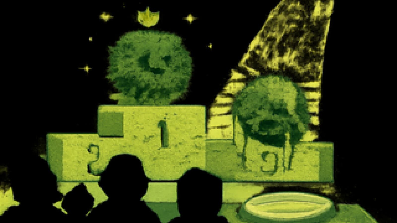 Pixel-art rambutan with a crown on a winner's podium, with a honey-covered rambutan in second place.