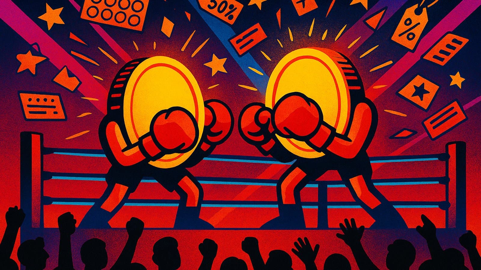 Two cartoon coins wearing boxing gloves square off in a neon arena surrounded by flying reward cards and discount tags.