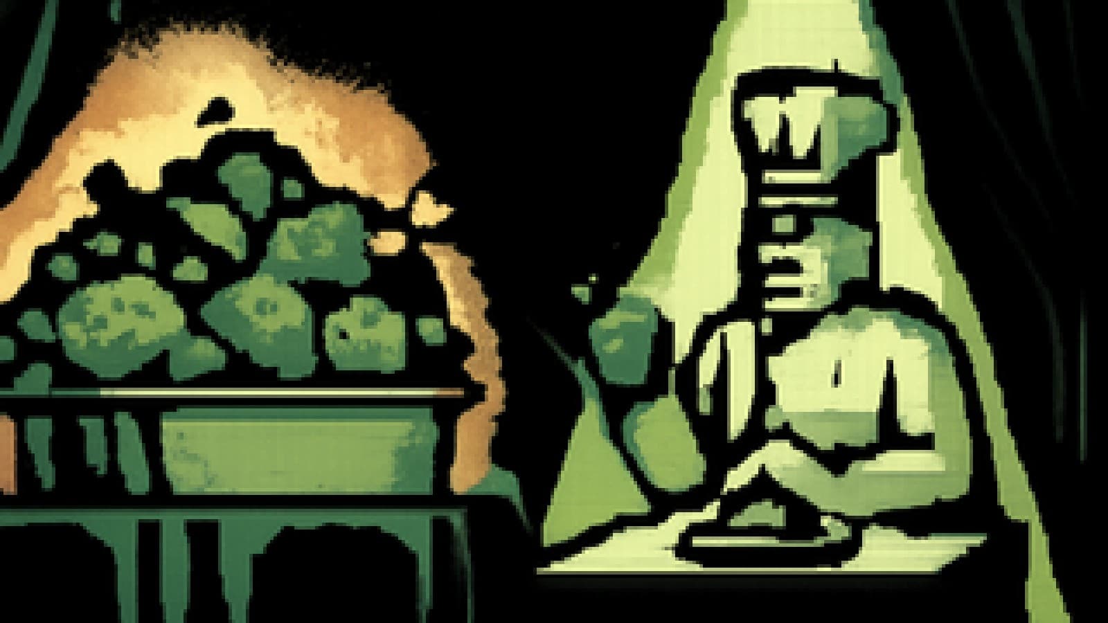 Pixel-art judge in a chef's hat standing between a huge buffet and one spotlit gourmet dish
