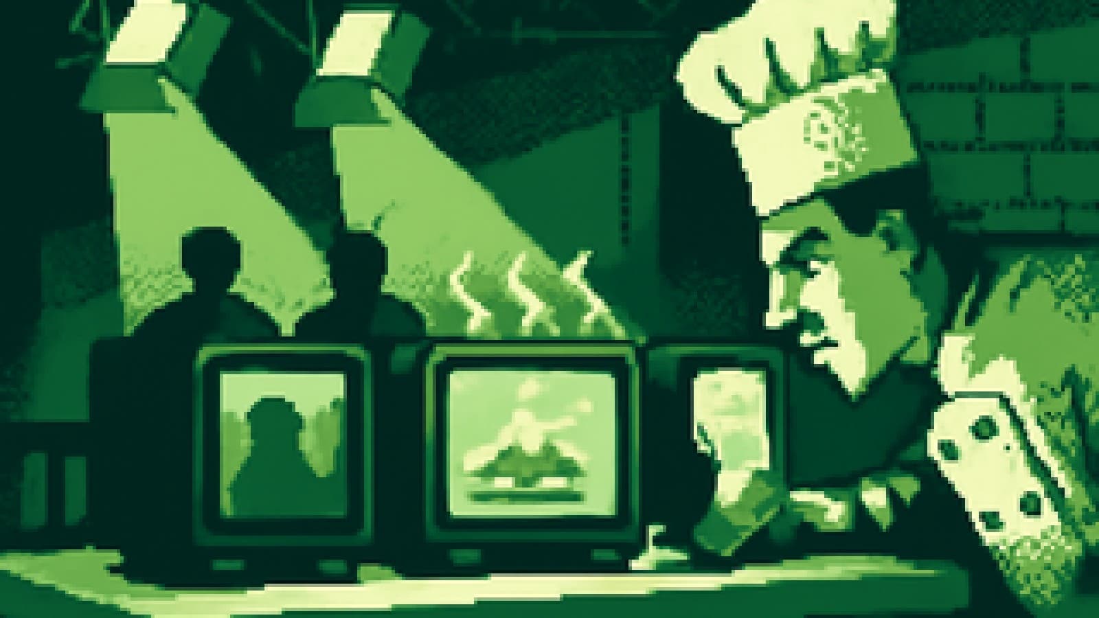 Pixel-art chef-judge examining plates that are glowing TV screens on a cooking-show set