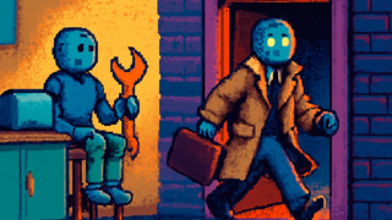 Pixel-art robot in a trench coat walks out of an office while another robot holding a wrench sits on a kitchen stool.