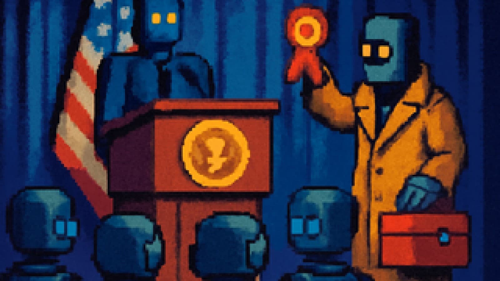 Pixel-art press room with a robot in a trench coat holding a winner's ribbon beside a disappointed robot carrying a toolbox.