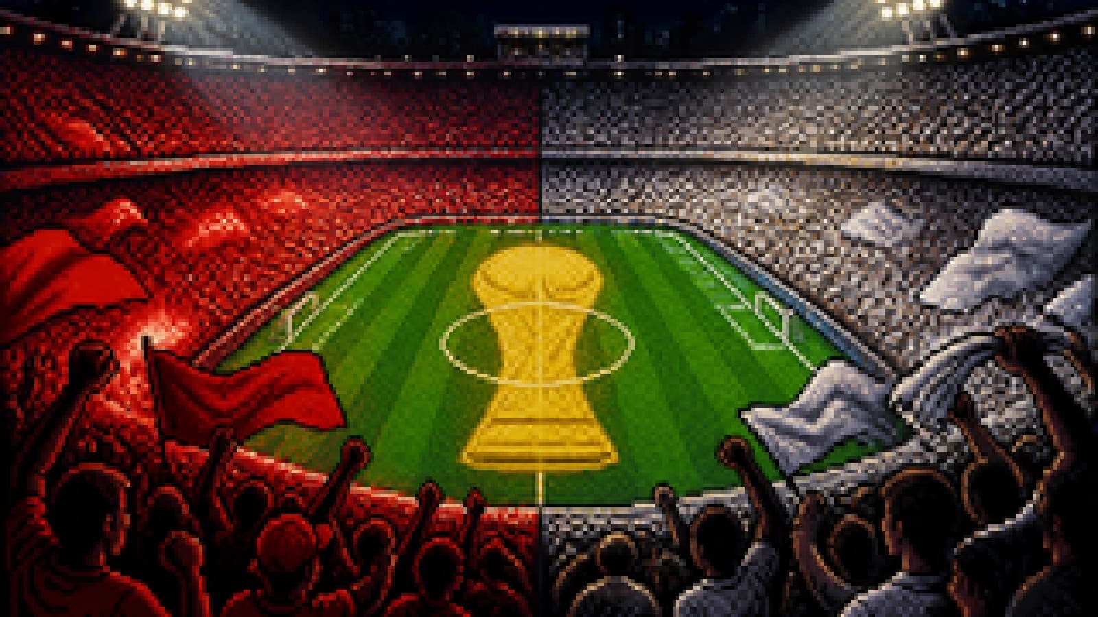 Illustration of a floodlit football stadium with a golden trophy at centre as red and white fans face off