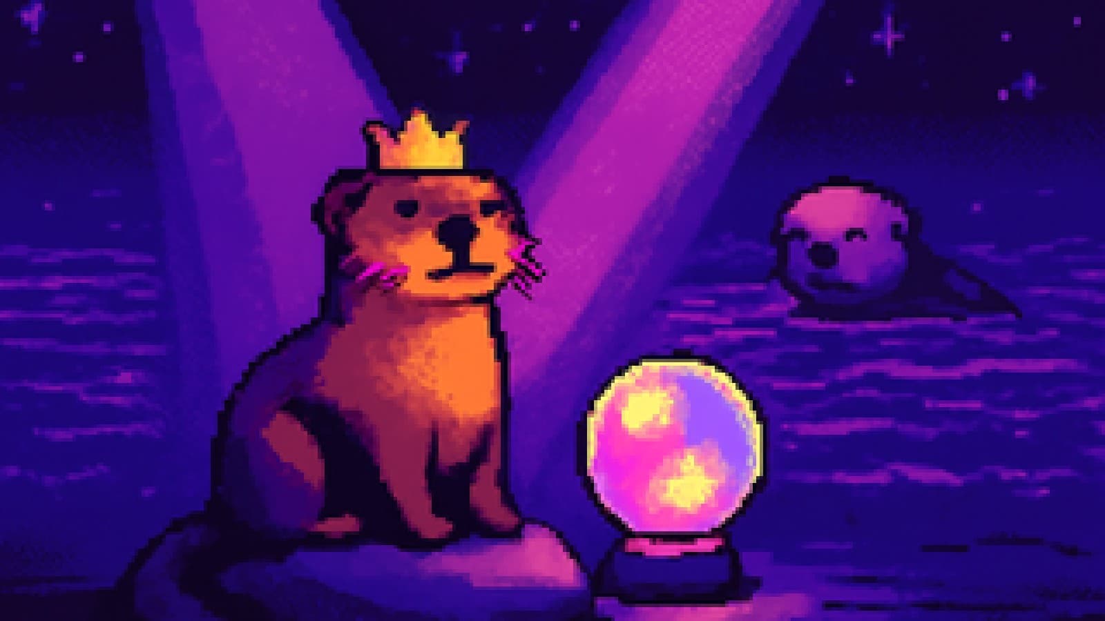 Pixel art of a crowned small otter on a river rock next to a glowing crystal ball, with a sea otter drifting in the distance