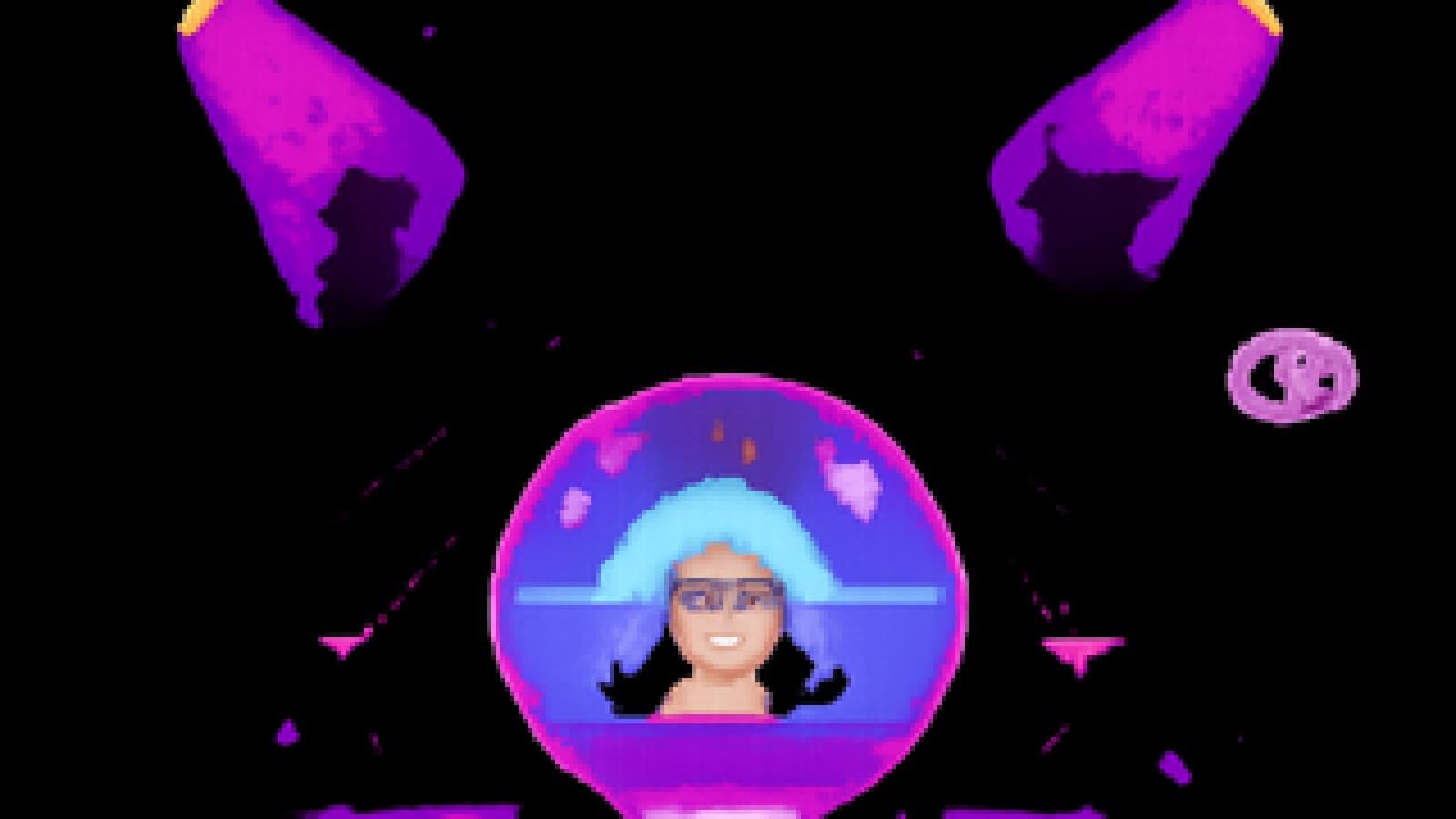 Pixel art of a crystal ball reflecting a small crowned otter by a river, with a sea otter drifting in the distant sea