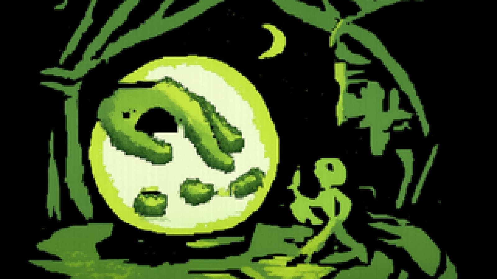 Pixel-art crystal ball showing a golden hand pushing microchips while a small clipboard-carrying figure chases them