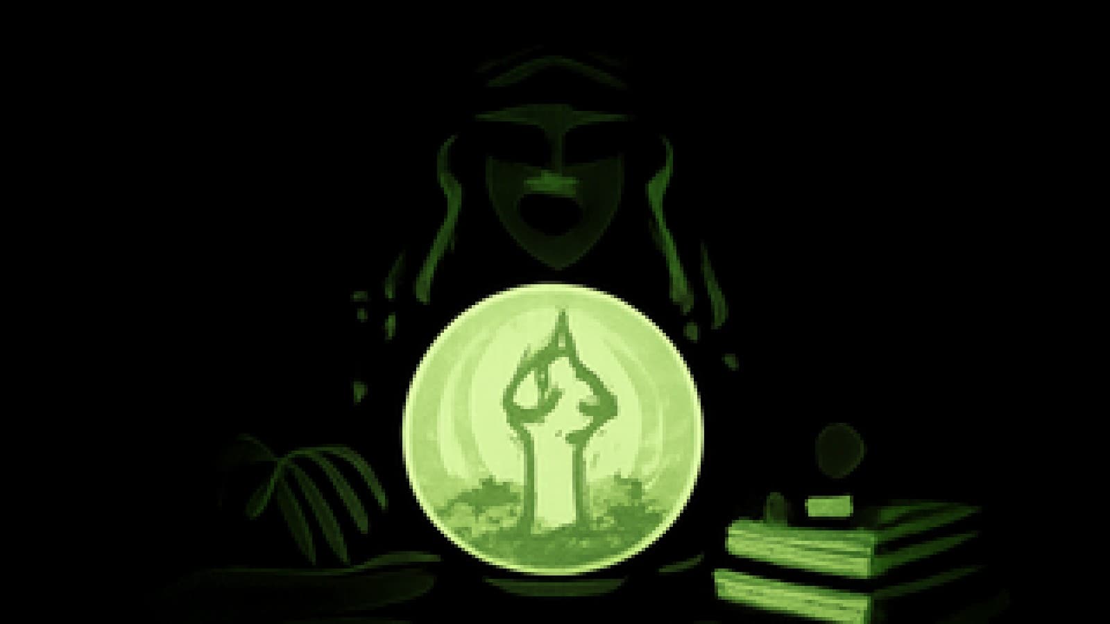 Pixel-art crystal ball showing a golden hand raised over glowing circuit boards, with rulebooks and stamps lying in the shadows